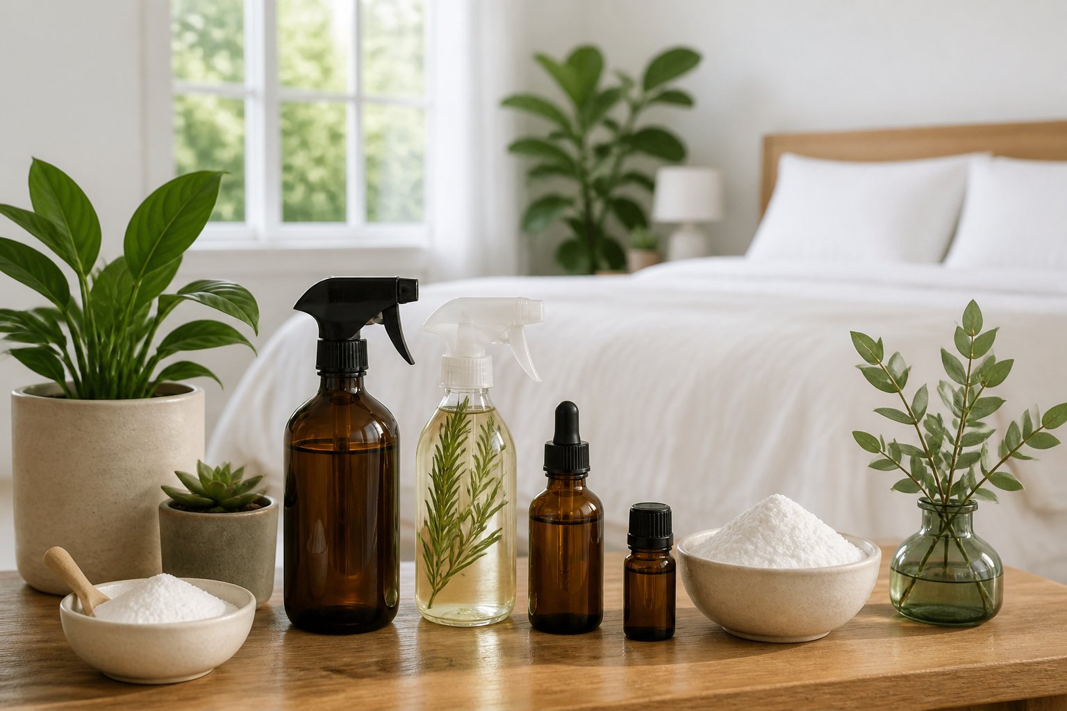 A bright living room with natural pest control products like sprays and essential oils displayed near a tidy bed and green plants.