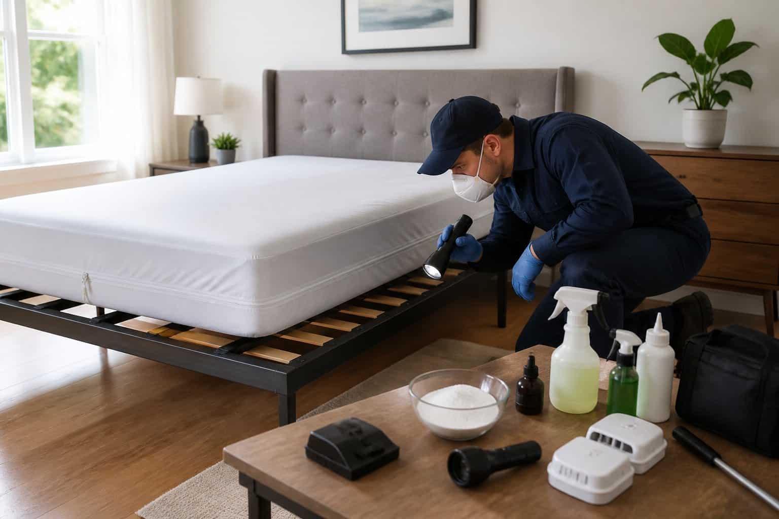 A pest control professional inspecting a mattress in a clean bedroom with pest control tools nearby.