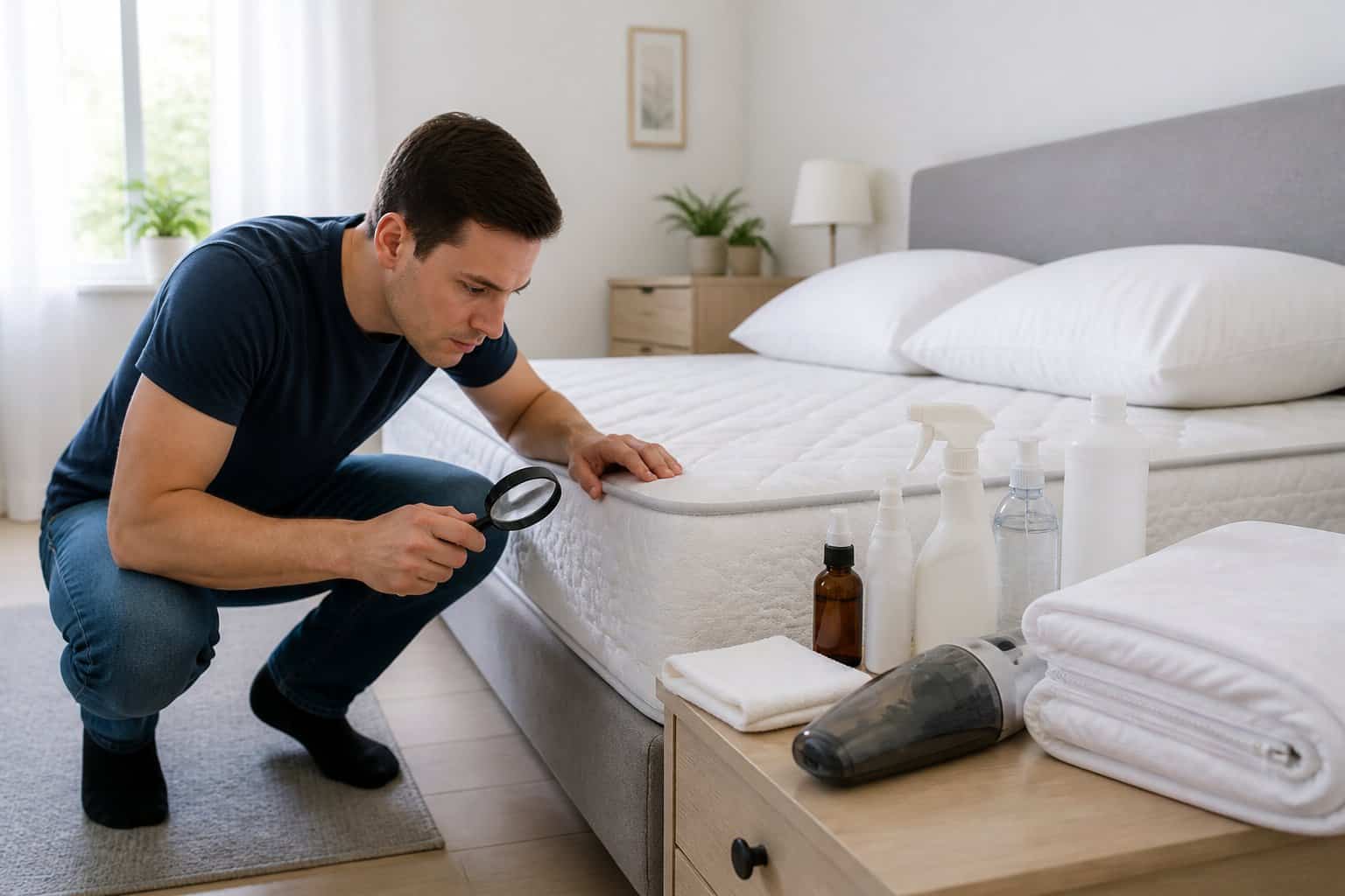 Person inspecting a mattress with a magnifying glass in a bright bedroom, with bed bug treatment tools on a nearby table.