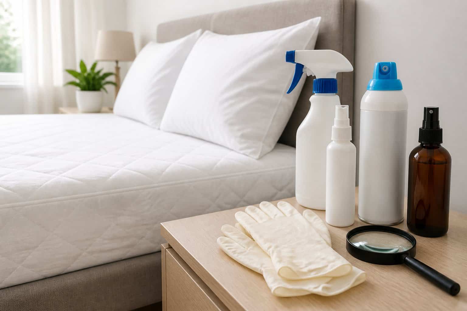 A bedroom with a neatly made bed and various bed bug treatment spray bottles and insecticide products on a bedside table.