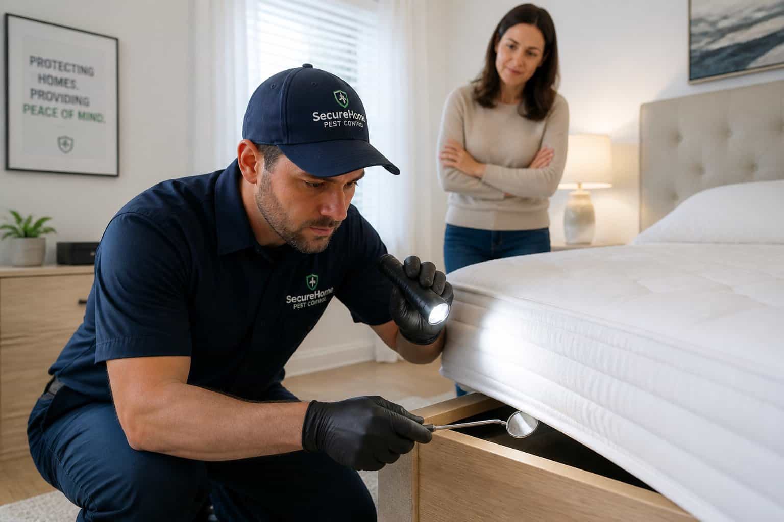 A pest control professional inspects a mattress while a homeowner watches attentively in a clean bedroom.