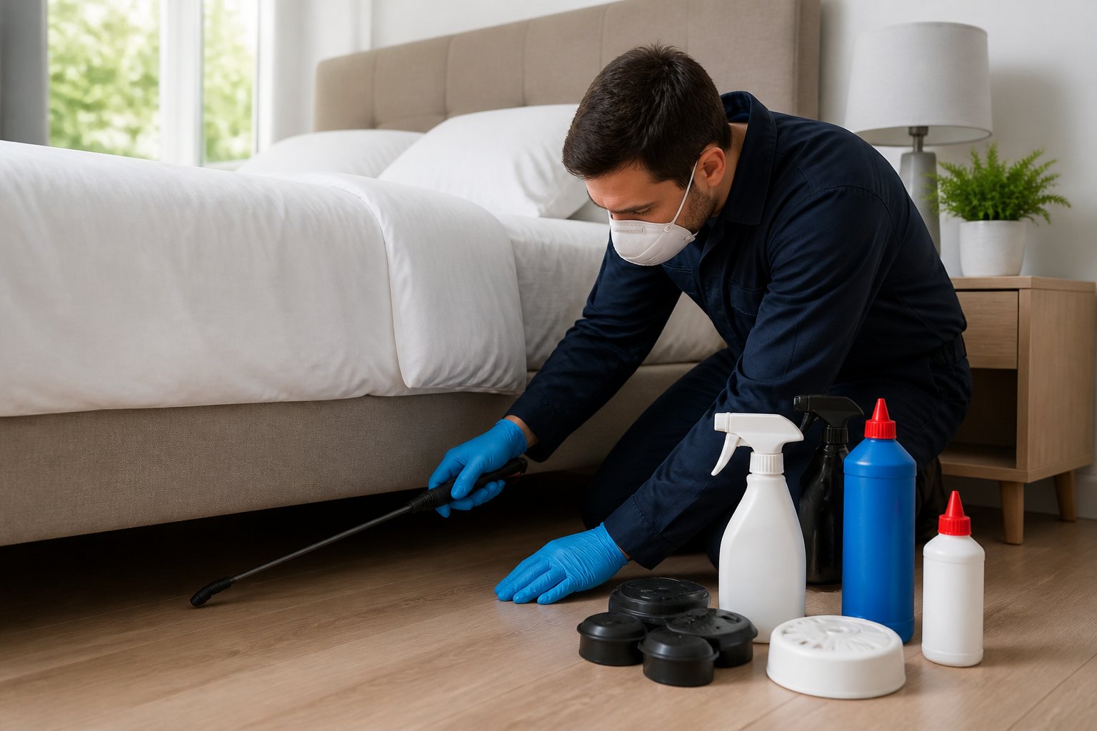 A person wearing gloves applying pest control treatments near a bed in a clean, bright bedroom with various pest control products on a bedside table.