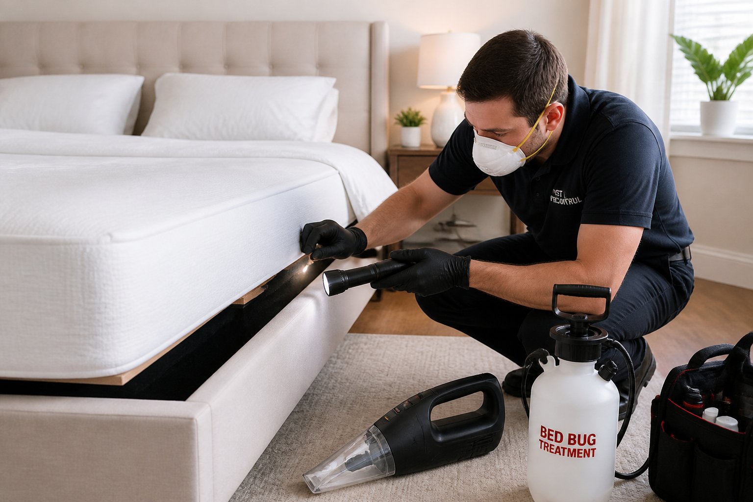 Person wearing gloves and mask inspecting a mattress in a bedroom with pest control tools nearby.