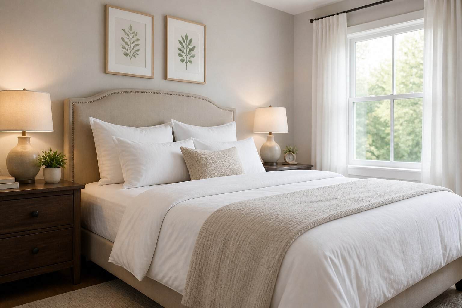 A clean and tidy bedroom with a neatly made bed and natural light coming through a window.