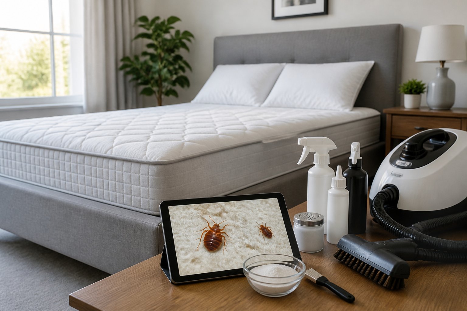 A modern bedroom with pest control tools arranged on a table near the bed, including sprays and a steam cleaner, representing bed bug treatment methods.