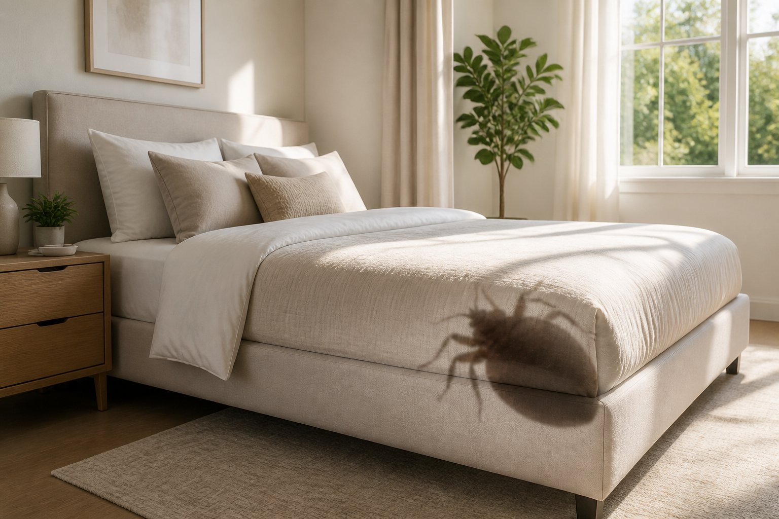 A bright bedroom with a neatly made bed and a subtle enlarged silhouette of a bed bug near the mattress.
