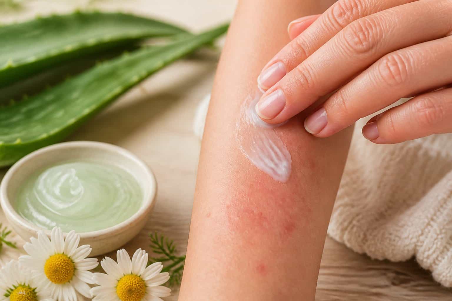 Close-up of a hand applying soothing cream to irritated skin on an arm surrounded by natural calming elements like aloe vera and chamomile.