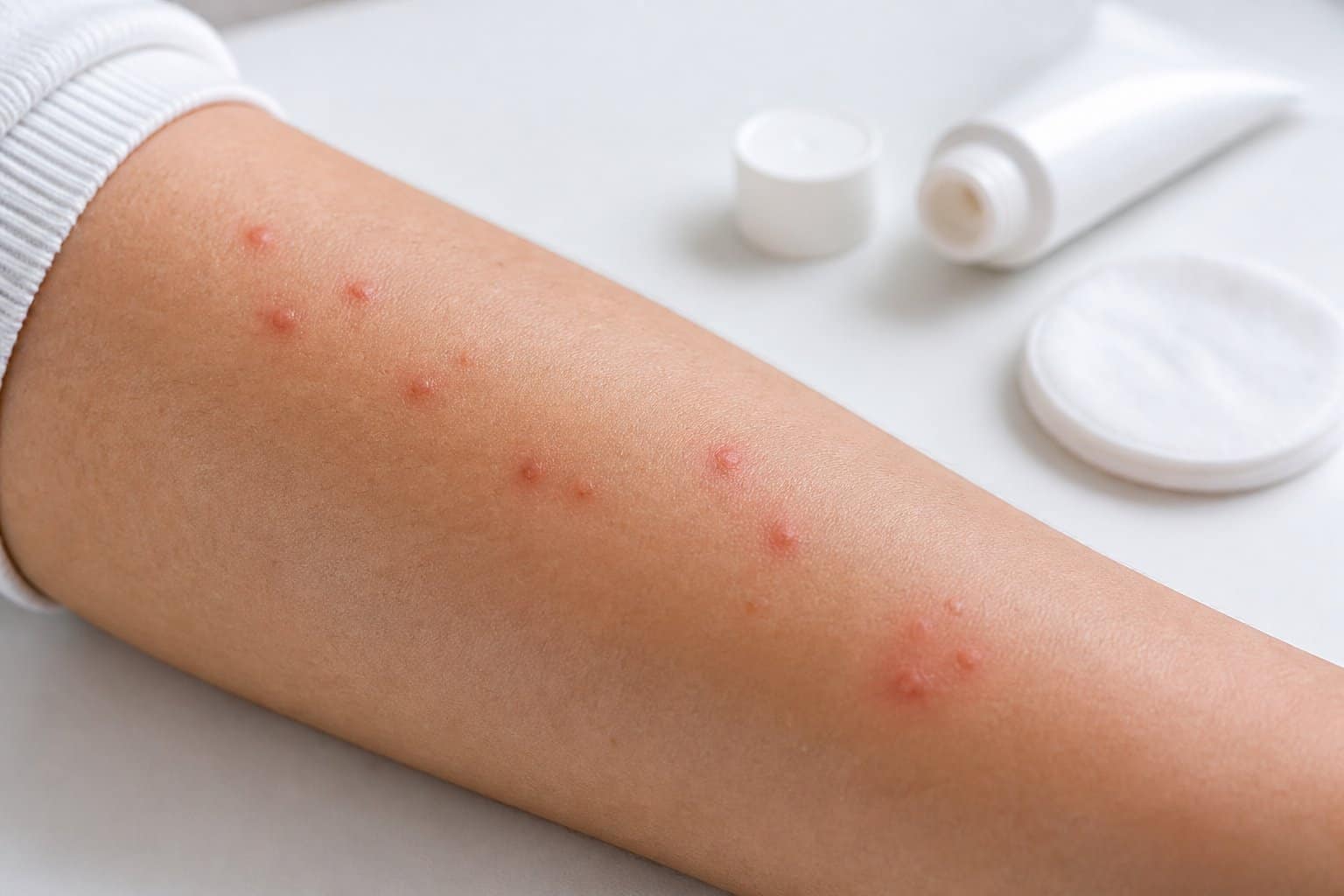 Close-up of a person's forearm with red bite marks and a bottle of cream nearby.