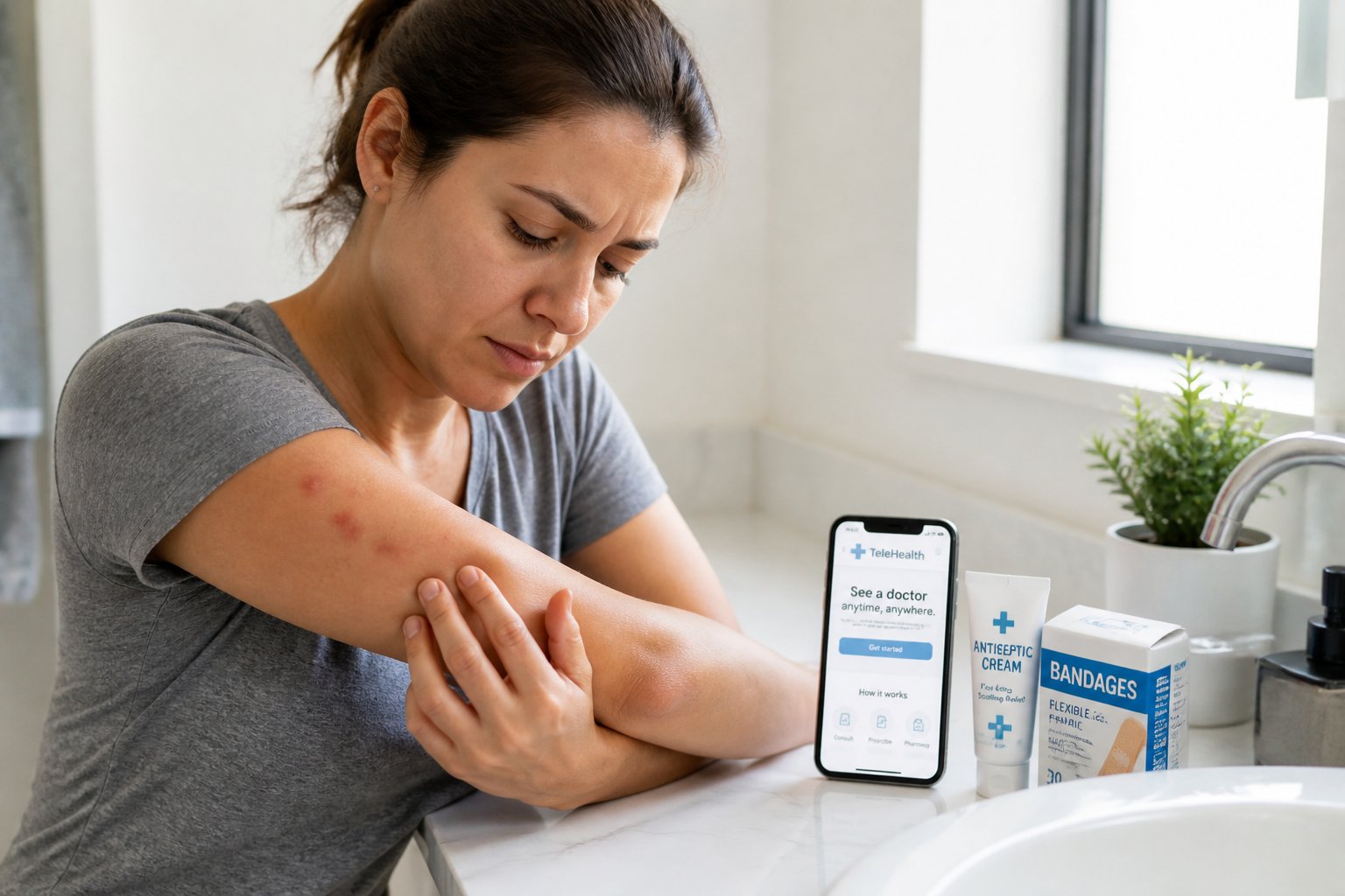 An adult closely examining red bite marks on their arm in a bathroom with medical supplies nearby.