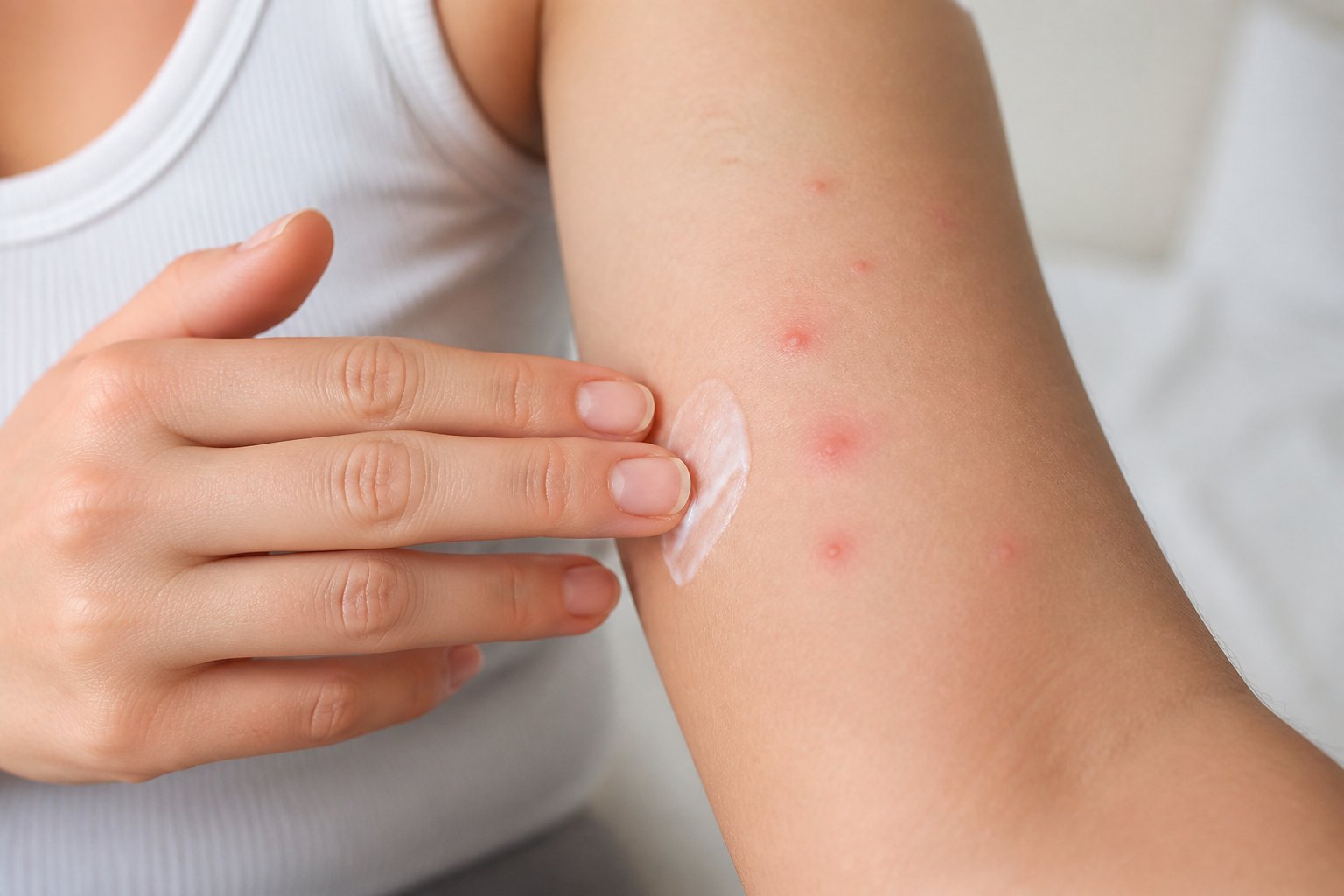 Close-up of a person applying cream to red bites on their arm.