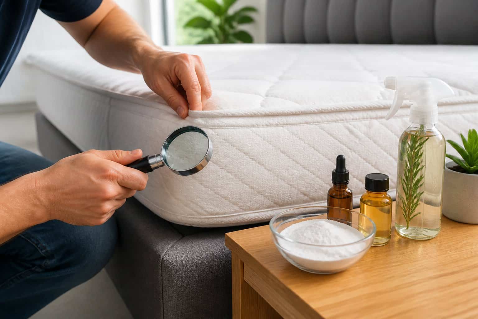 Person inspecting a mattress with a magnifying glass next to natural home remedy items on a bedside table.