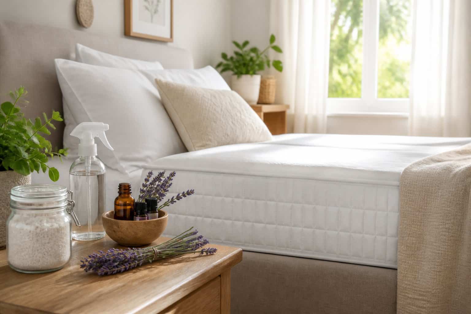 A bright bedroom with a neatly made bed and natural home remedy items like a spray bottle, jar of powder, essential oils, and lavender on a bedside table.