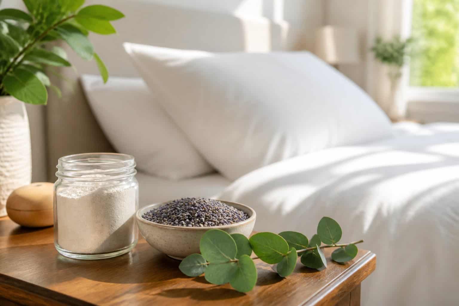 A bright bedroom with a neatly made bed and natural items like diatomaceous earth, lavender, and eucalyptus on a bedside table.