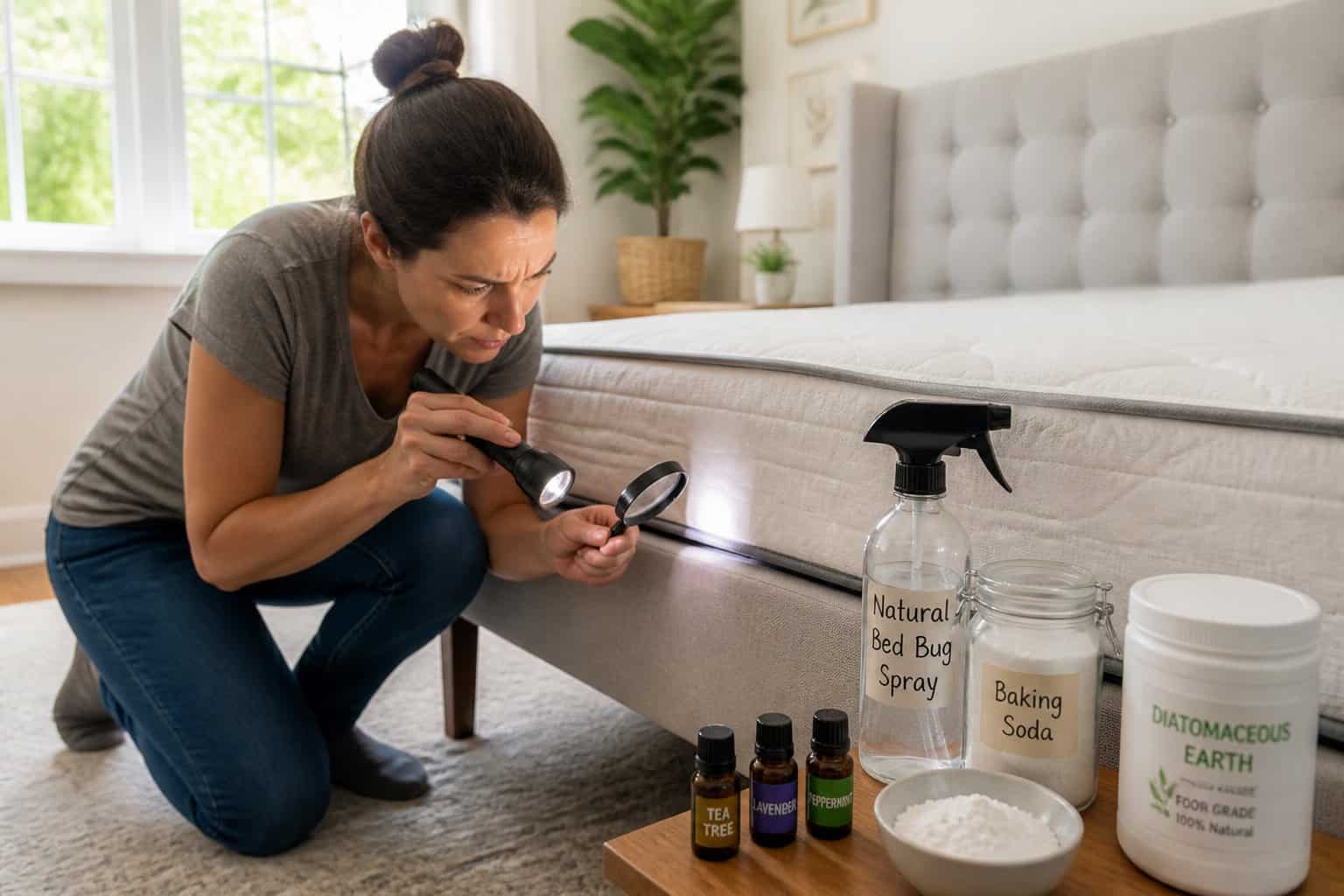 A person inspecting a mattress in a bedroom with natural home remedy items nearby for treating bed bugs.