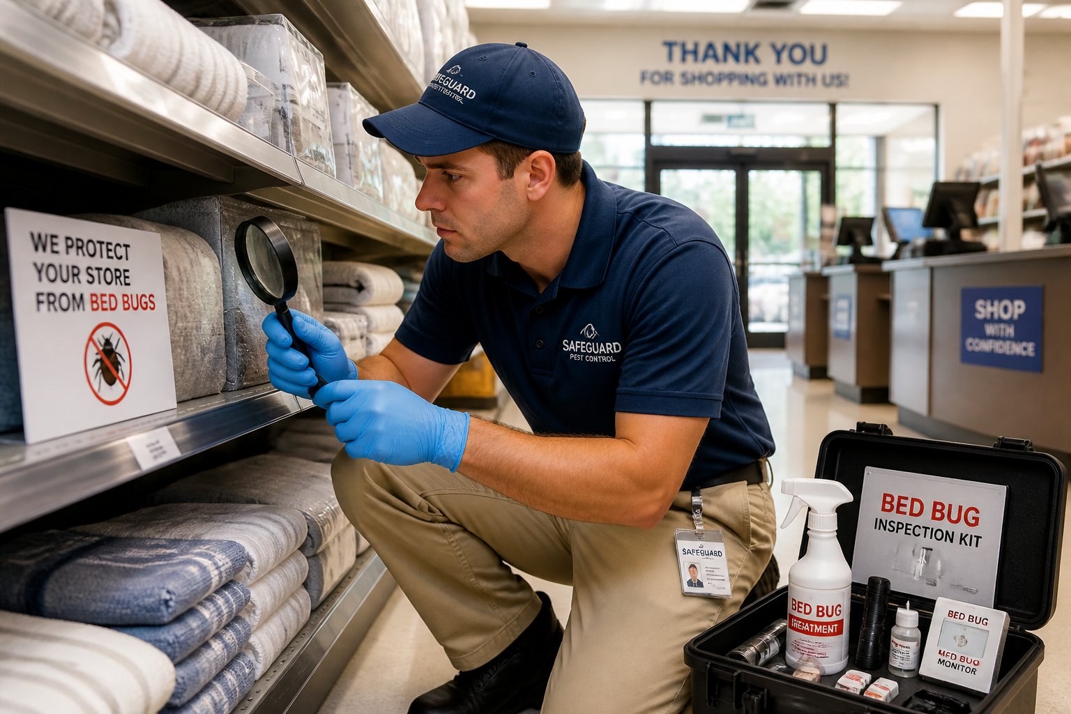 A retail store employee inspecting shelves with a magnifying glass while holding pest control tools, surrounded by neatly stocked products.
