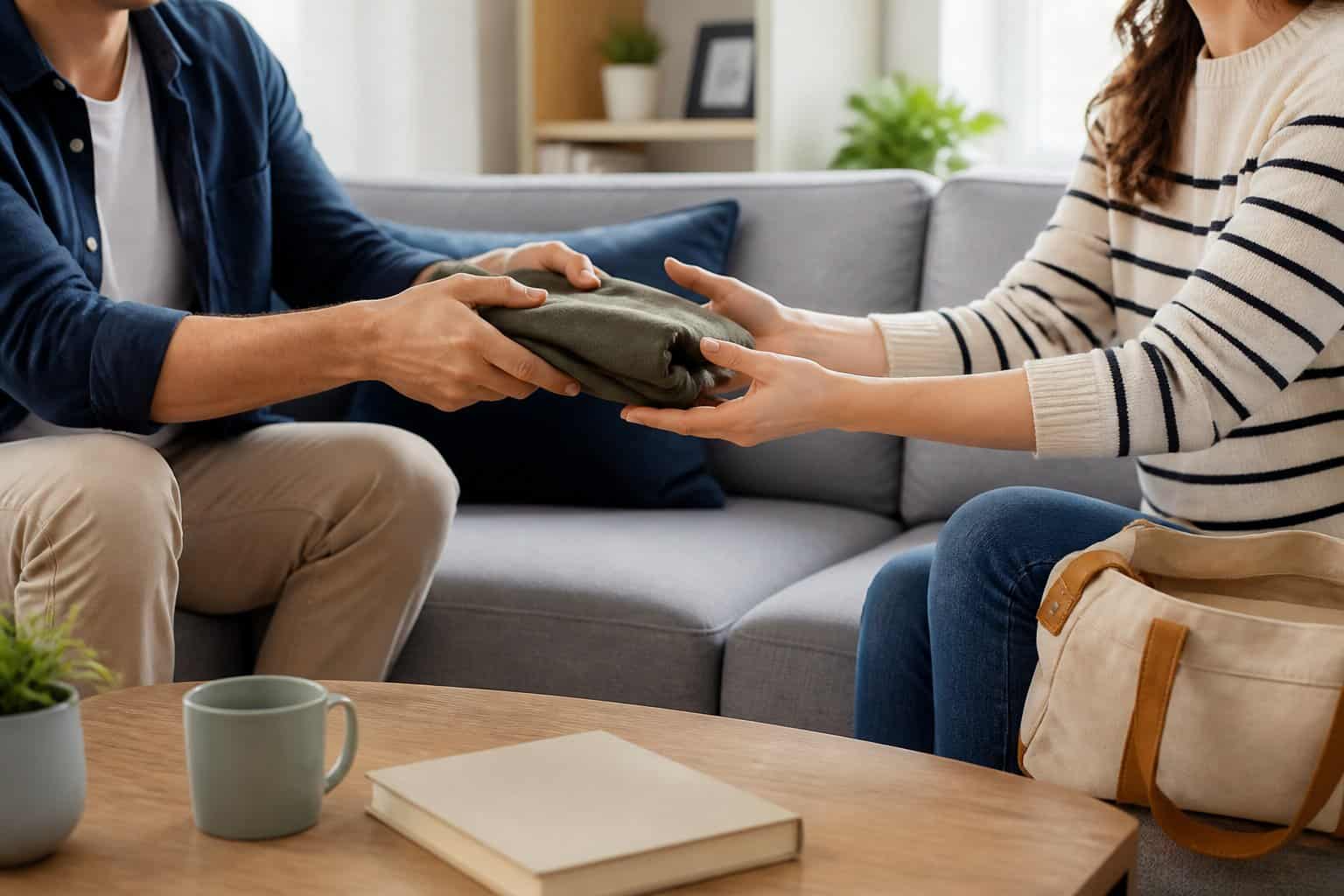 Two people sitting on a couch exchanging a small piece of clothing in a living room.