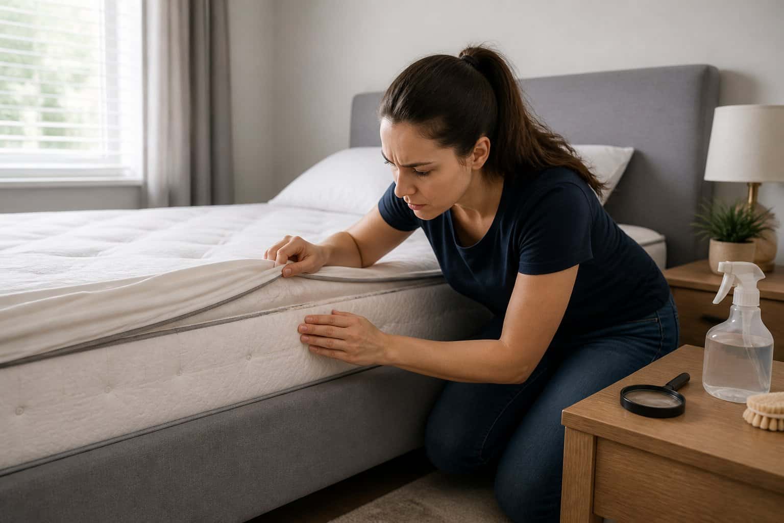 A woman inspecting a mattress closely in a bright bedroom, looking concerned about bed bugs.