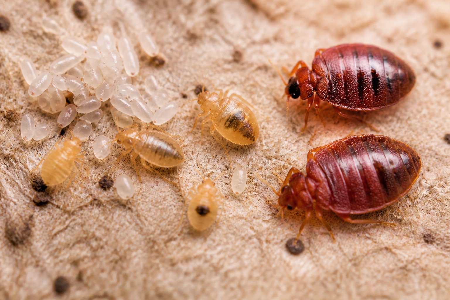 Close-up view of bed bugs in different stages including eggs, small nymphs, and adult bugs on a textured surface.