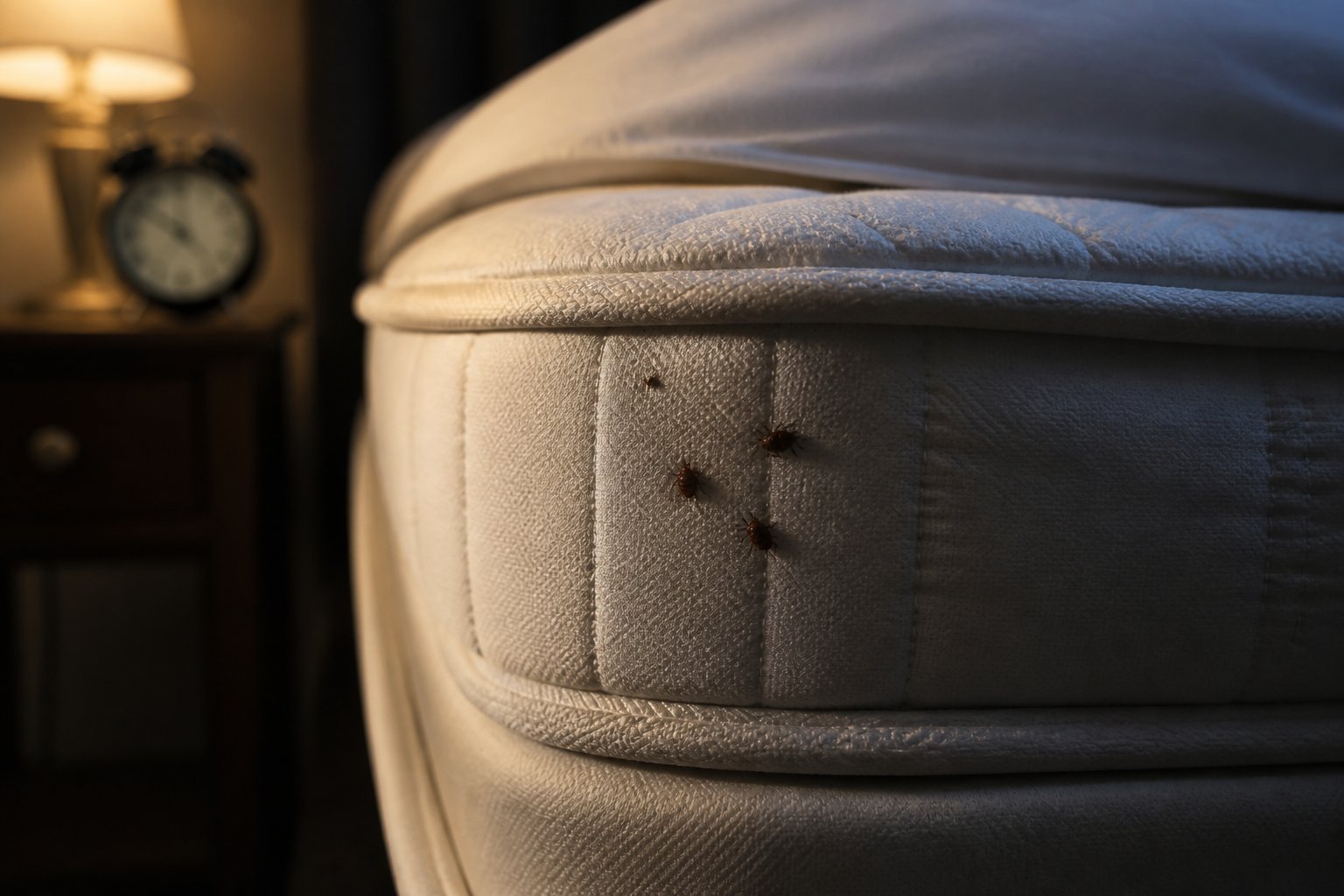 Close-up of a bed mattress corner with small bed bugs visible, in a softly lit bedroom at night.