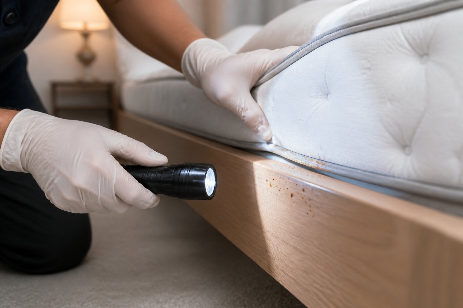 Person inspecting a mattress and bed frame with a flashlight and gloves for signs of bed bugs in a clean bedroom.