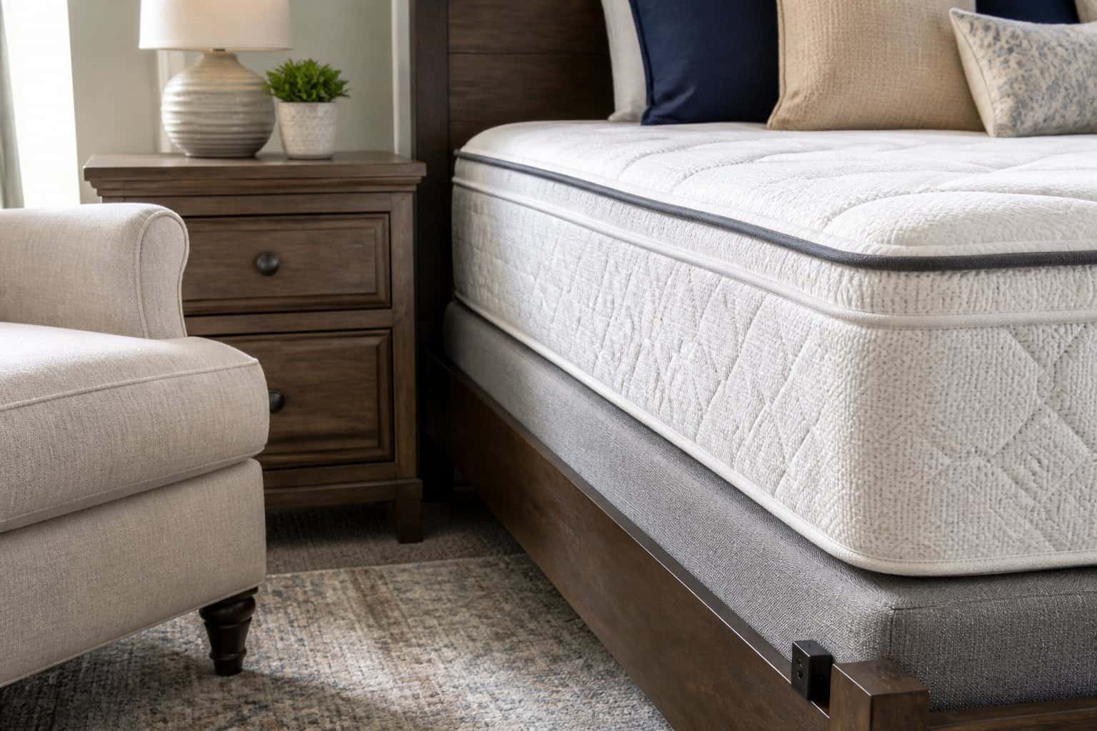 Close-up view of a bedroom showing a bed, mattress edges, nightstand, and chair where bed bugs are commonly inspected.