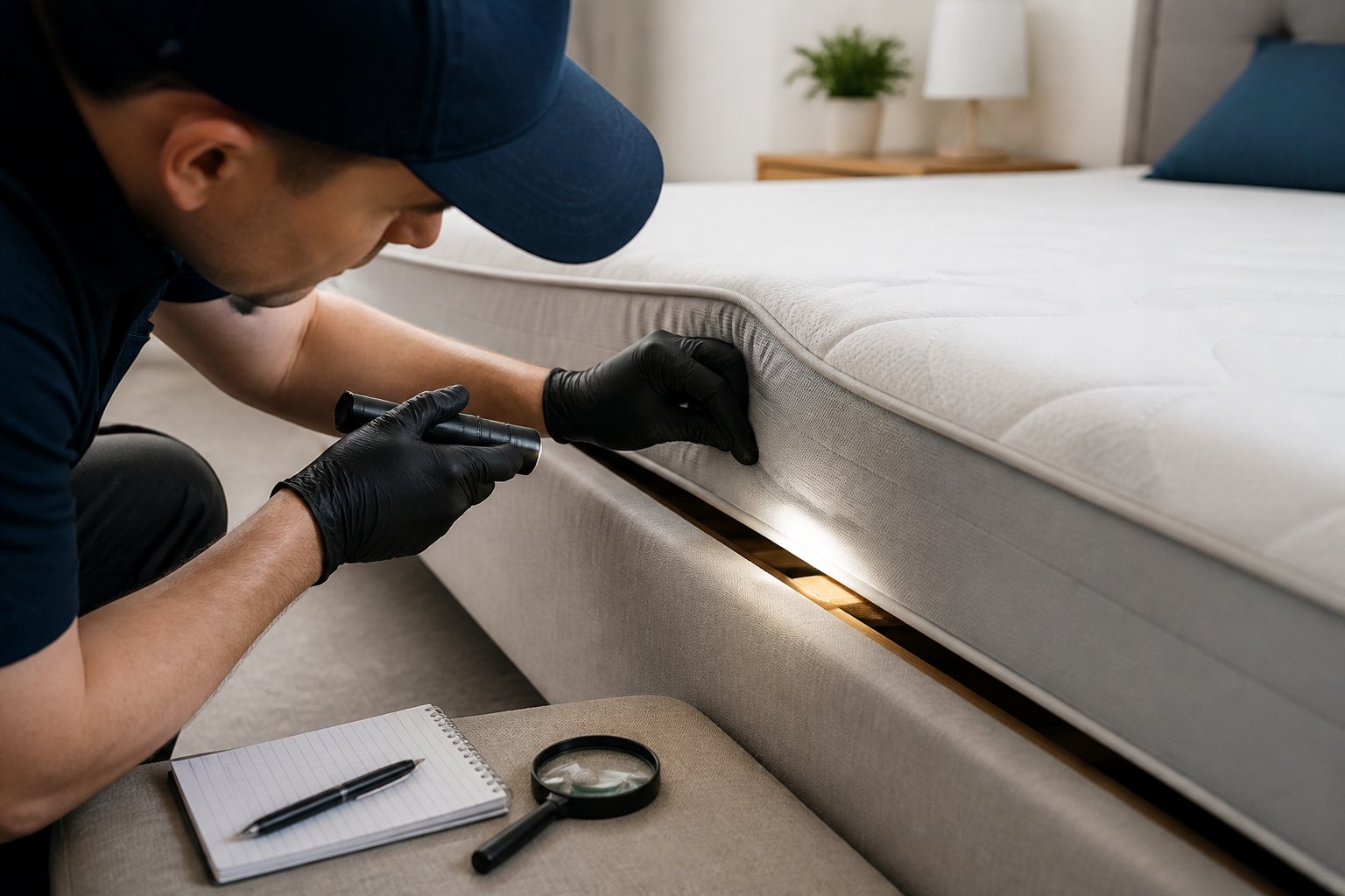 A person inspecting a mattress seam with a flashlight in a clean bedroom, checking for bed bugs.
