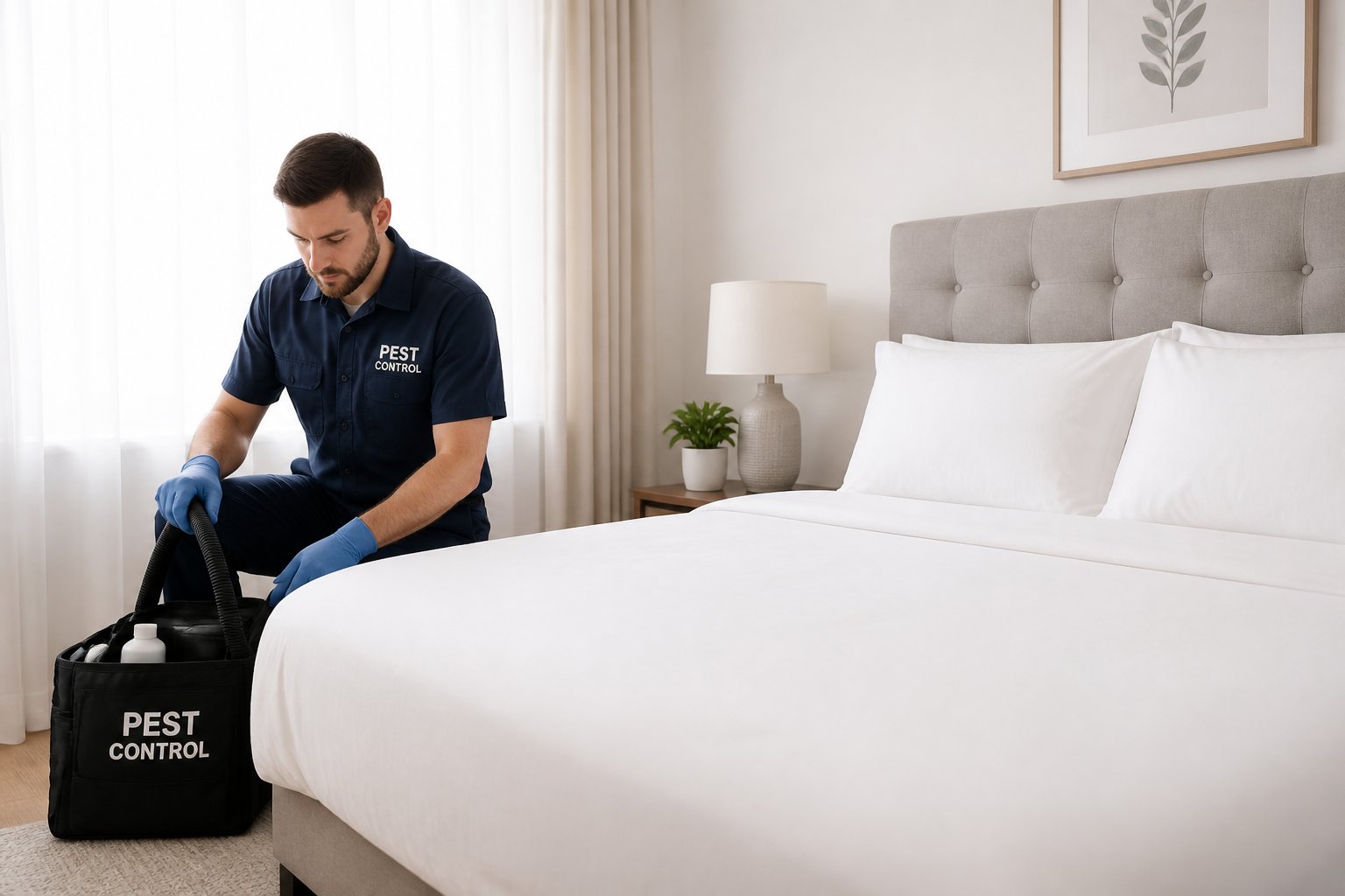 A clean, neatly made bed in a bright bedroom with a pest control worker packing up equipment nearby.