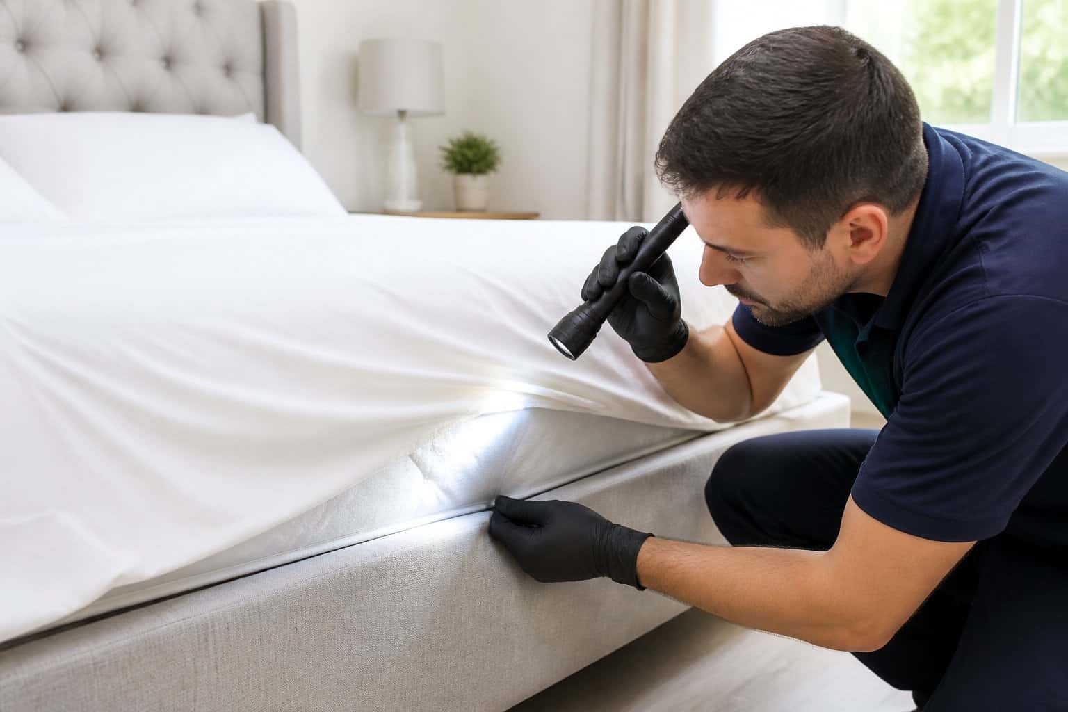 A person inspecting a mattress with a flashlight in a clean, tidy bedroom after pest treatment.