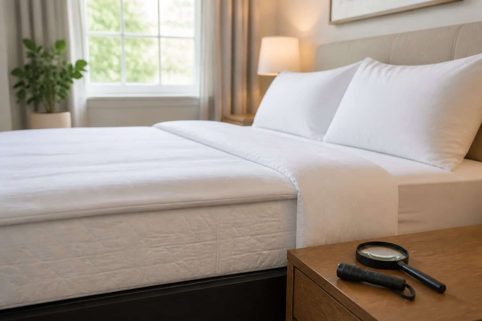 A clean, modern bedroom with a neatly made bed and a magnifying glass on the bedside table, suggesting inspection for bed bugs.