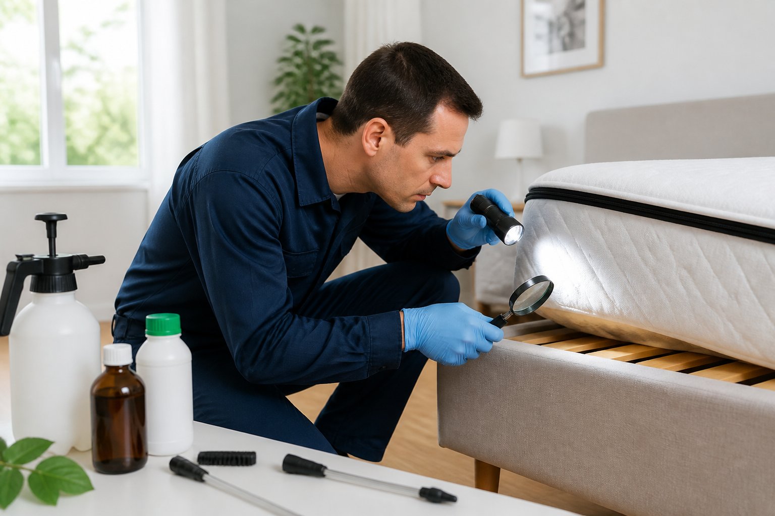 A pest control technician inspecting a bed frame and mattress for bed bugs in a clean, tidy bedroom.