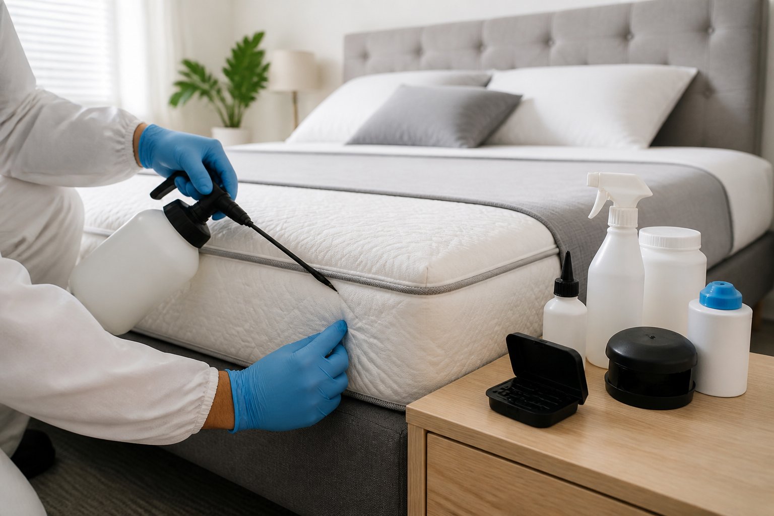 A person applying bed bug treatment spray to a mattress in a clean bedroom with pest control products on a bedside table.
