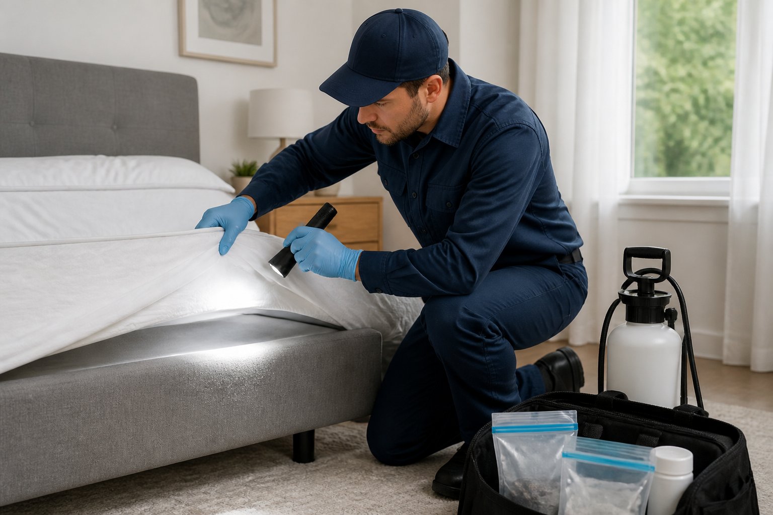 A pest control technician inspecting a mattress in a bright, tidy bedroom with pest control equipment nearby.