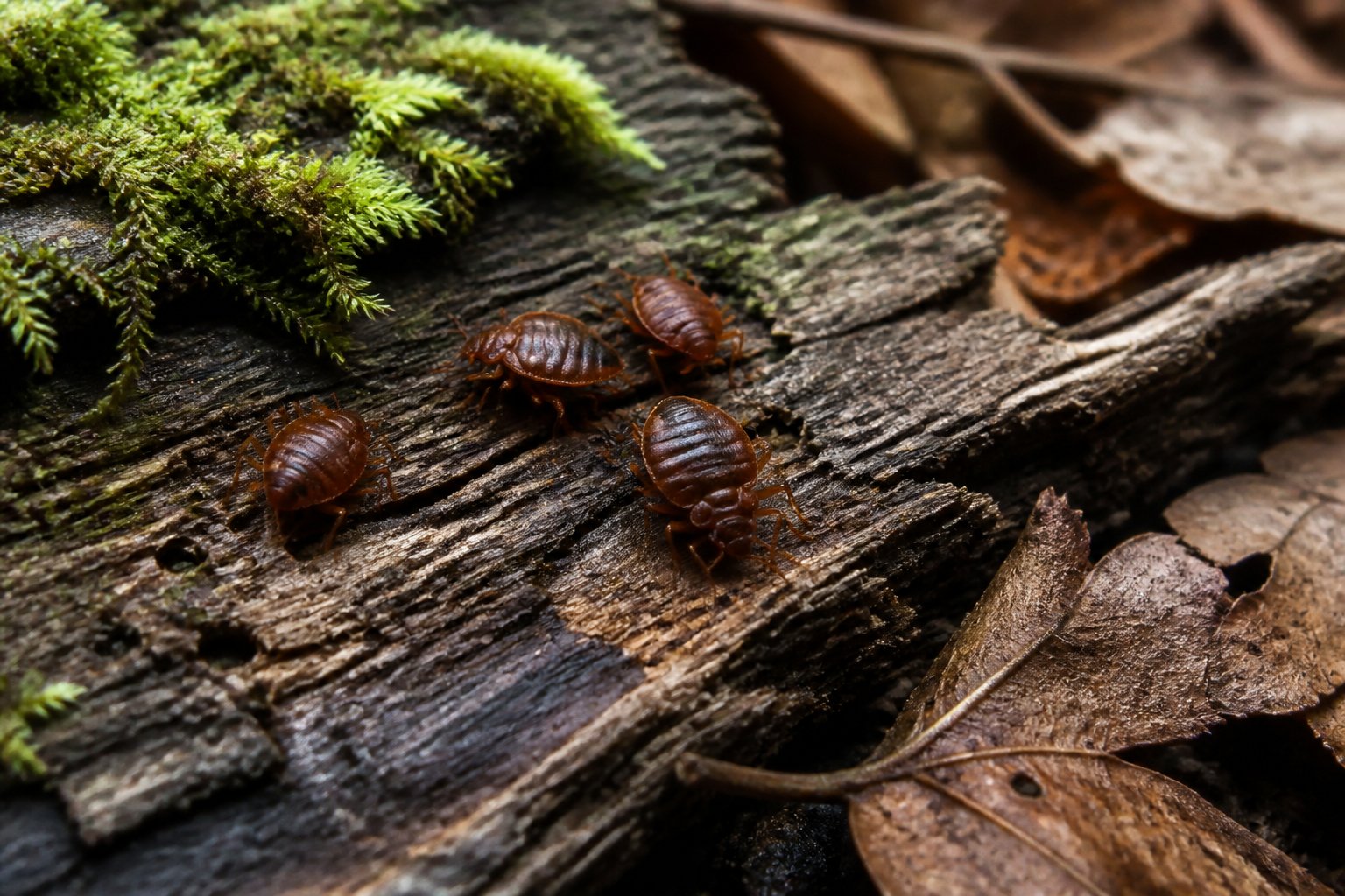 Close-up of bed bugs crawling on natural forest floor with leaves and wood, showing their ancient natural habitat before human homes.