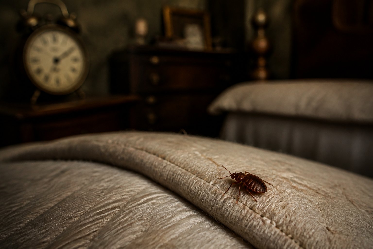 Close-up of a bed bug on a mattress seam in a dimly lit bedroom with vintage furniture and an antique clock in the background.