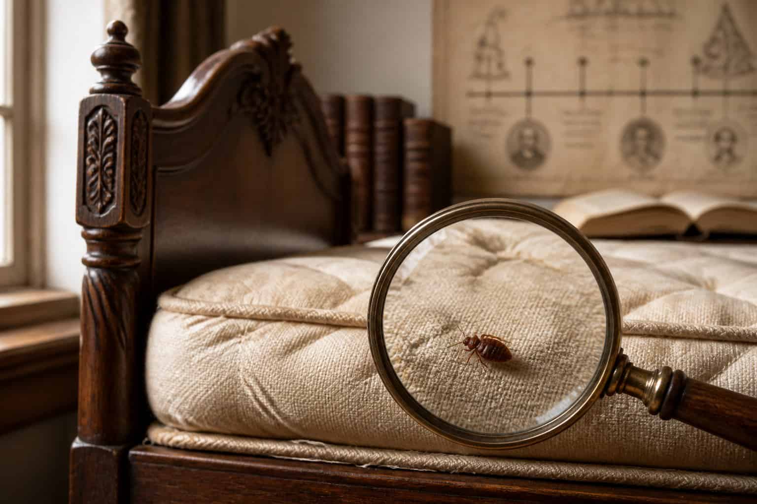 Close-up of an antique wooden bed frame with a magnifying glass focusing on a bed bug on the mattress fabric, with old books and documents in the background.
