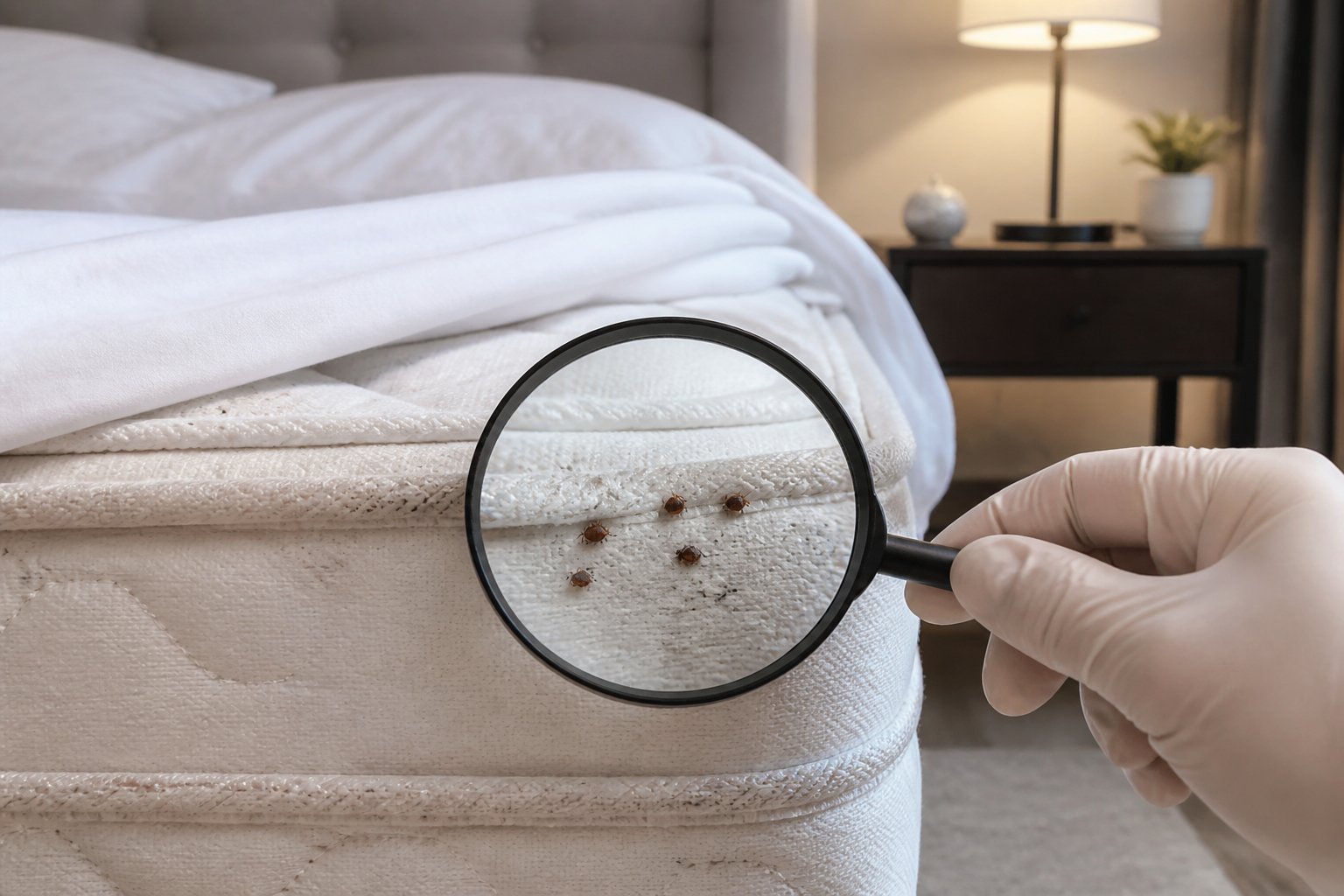 Close-up of a hand inspecting mattress seams with a magnifying glass in a clean bedroom, showing signs of bed bugs on the mattress.