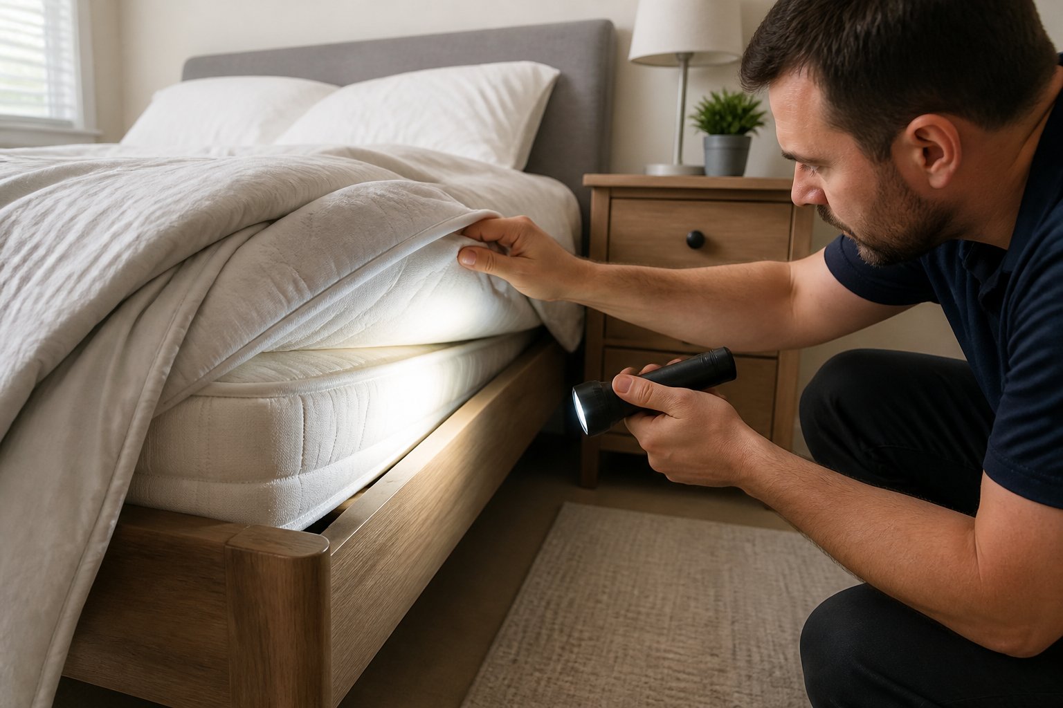 A person inspecting the edges of a bed mattress with a flashlight in a clean bedroom.