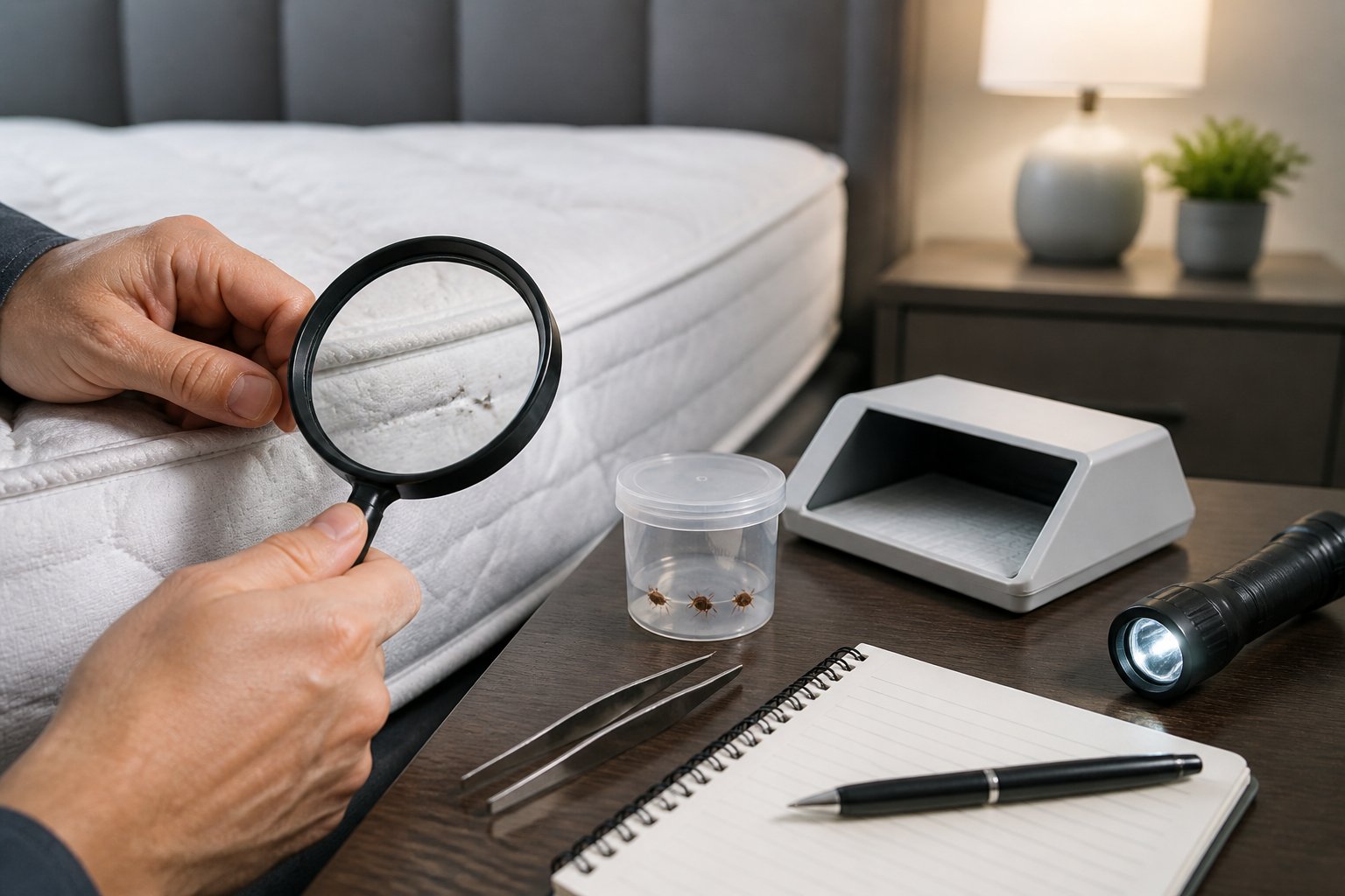 Close-up of hands inspecting a mattress seam with a magnifying glass and bed bug detection tools nearby on a bedside table.