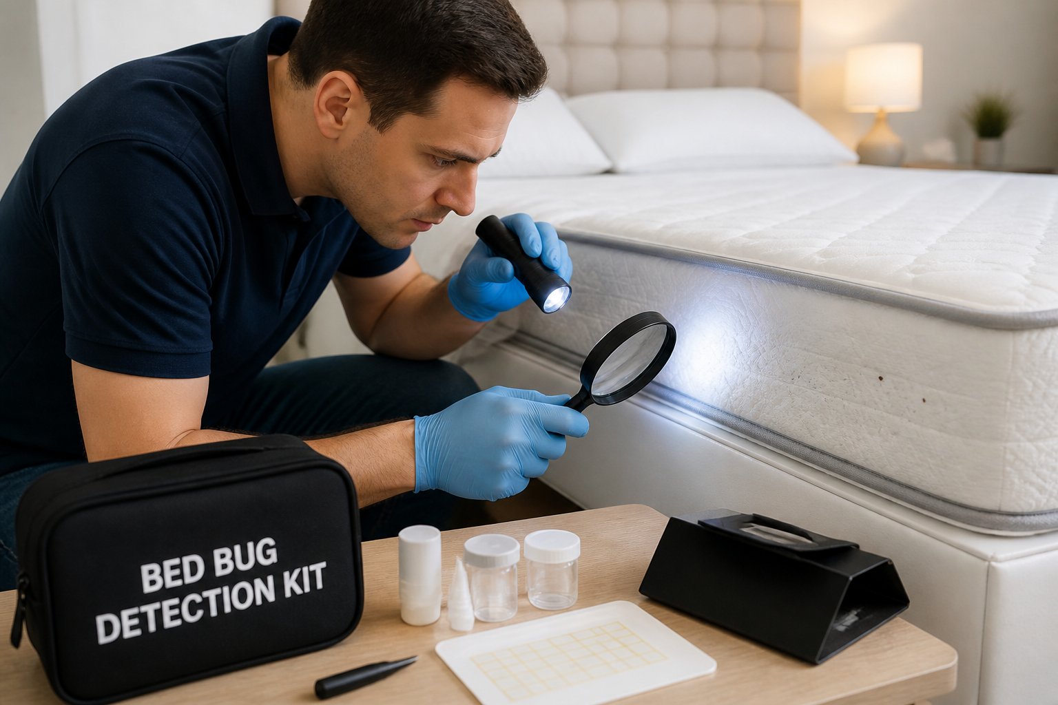 Person closely inspecting a mattress with a flashlight and magnifying glass in a clean bedroom.