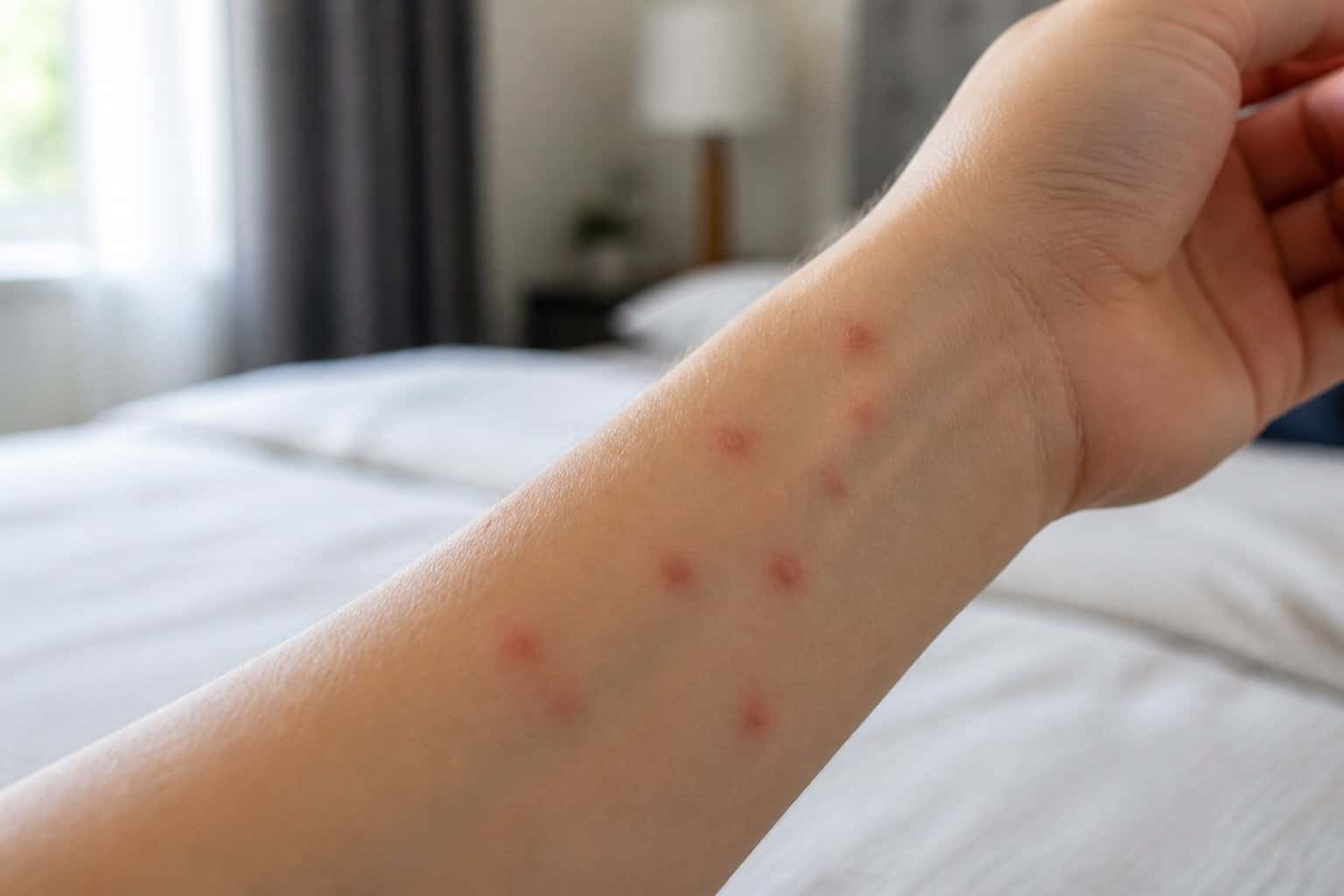 Close-up of a person's arm with red bite marks in a bedroom setting.