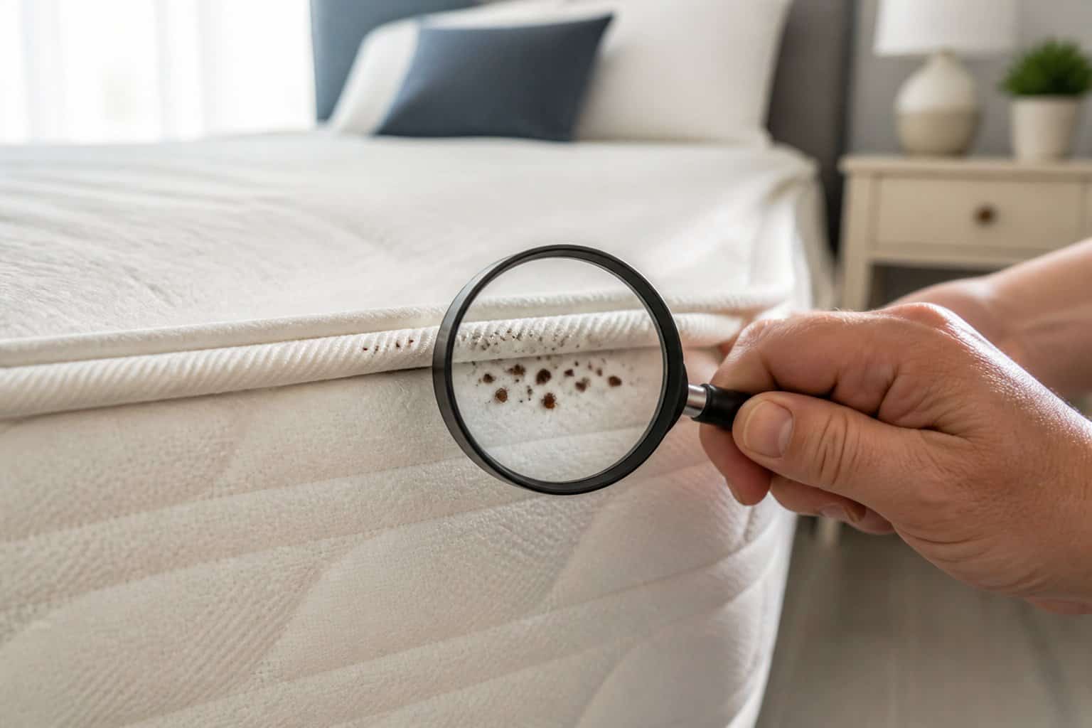 A person closely inspecting the edge of a mattress in a bedroom for bed bugs using a magnifying glass.