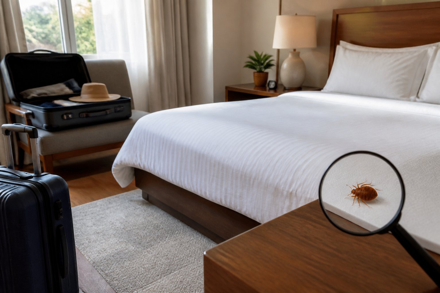 A clean bedroom with a neatly made bed and an open suitcase on a chair, suggesting returning home after travel.