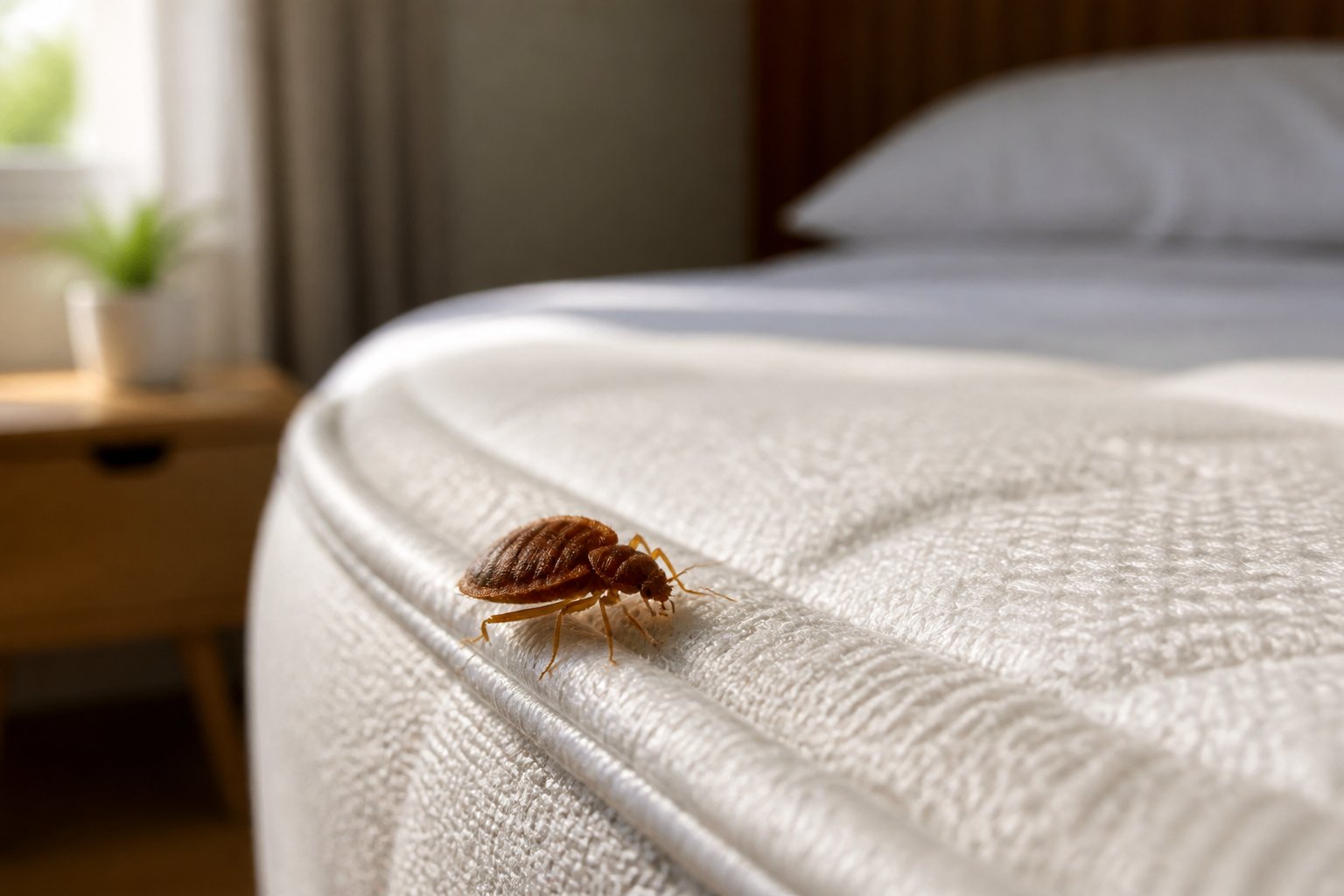 Close-up of a bed bug crawling on a mattress seam in a bedroom.