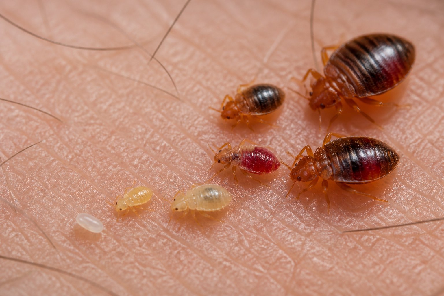 Close-up of bed bugs in different life stages feeding on human skin.