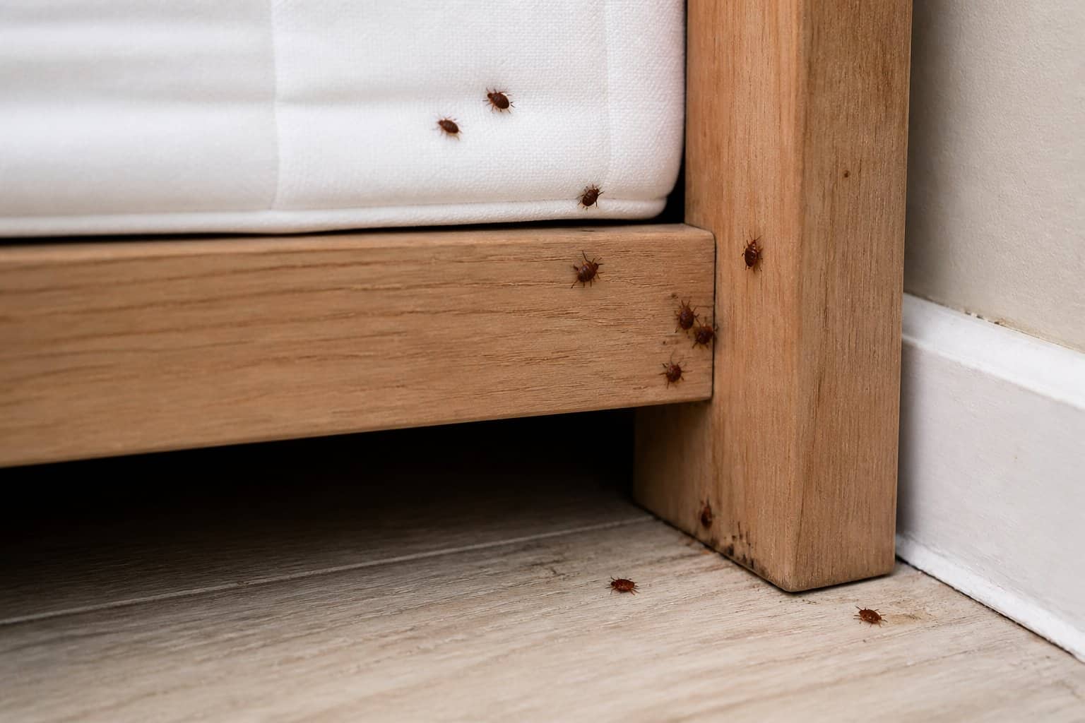 Close-up of a bed corner showing bed bugs hiding near the mattress edge and bed frame joints.