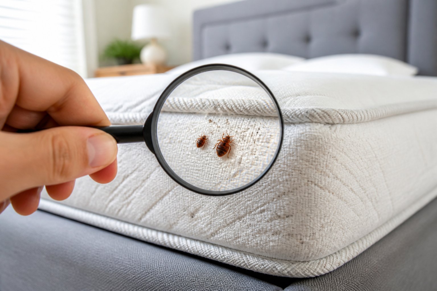 Close-up of a mattress corner with a hand holding a magnifying glass focusing on small bed bugs and eggs on the fabric.