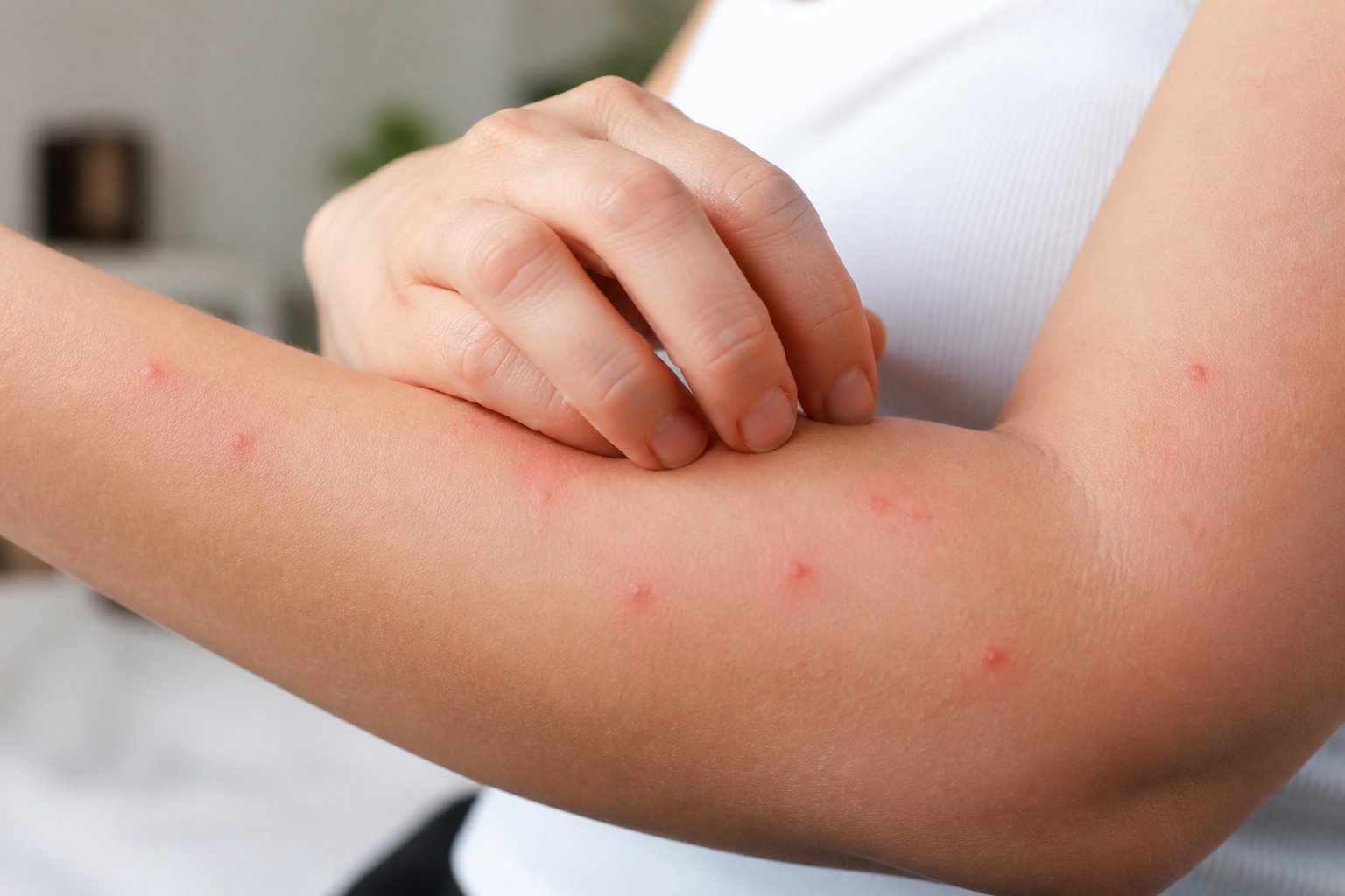 Close-up of an arm with red itchy bed bug bites and a hand gently scratching the skin.