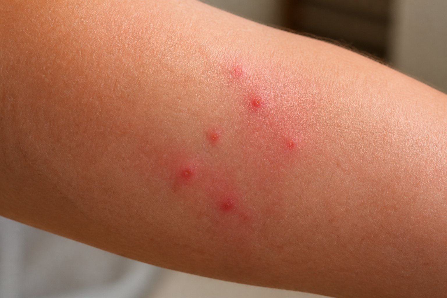 Close-up of a human arm with several red, raised bed bug bites clustered together and slight skin irritation.