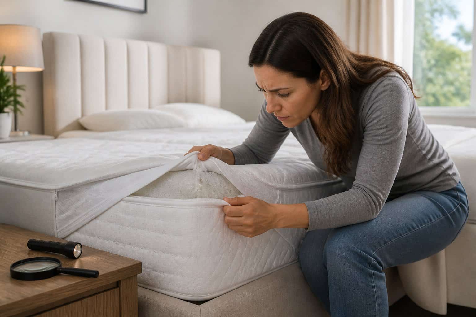 A woman inspecting a mattress in a bedroom to check for bed bugs.