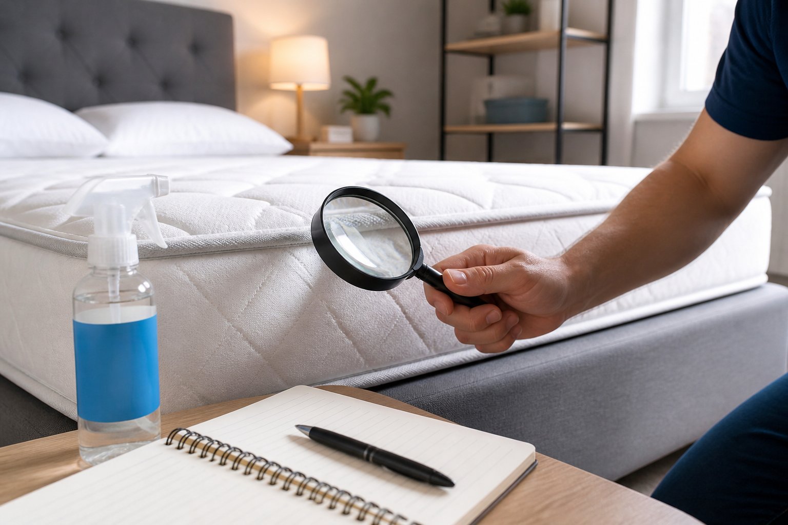 A person closely inspecting a mattress seam with a magnifying glass in a clean bedroom, with bed bug spray and a checklist nearby.